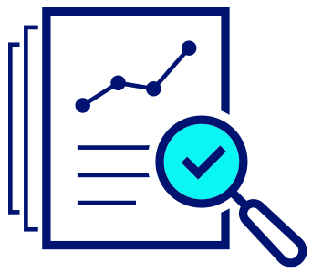 check mark inside a magnifying glass overlapping documents