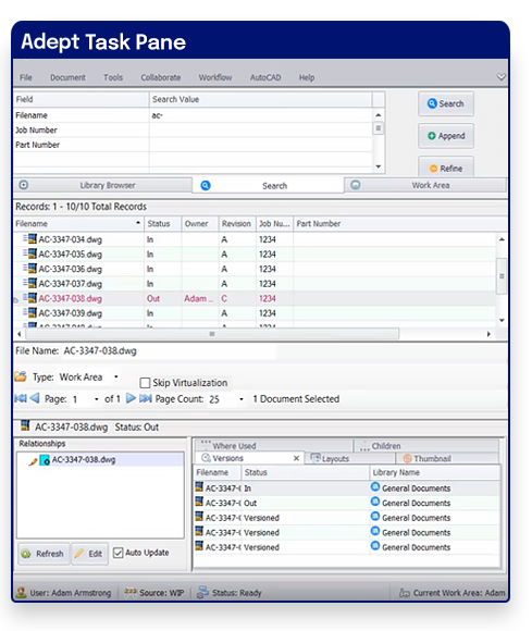 Adept AutoCAD Data Management - Task Pane