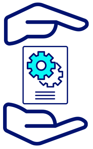 two hands cupping over a document with gears