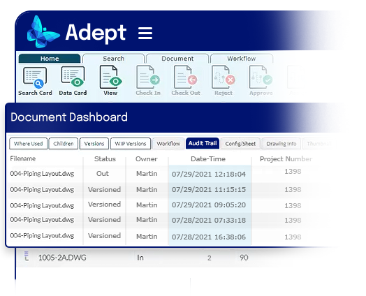 Audit Trail tab in the Adept software document dashboard
