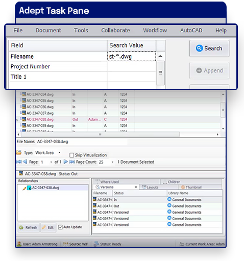 Search field on the Adept Task Pane for efficient document retrieval in PDM software for CAD