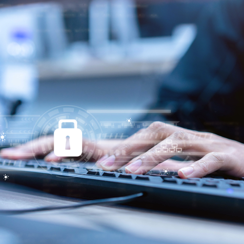 security lock graphic overlapping hands typing on a keyboard