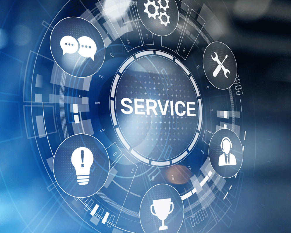 Service graphic with a chat icon, gear icon, tools icon, trophy icon, lightbulb icon, and a customer support icon