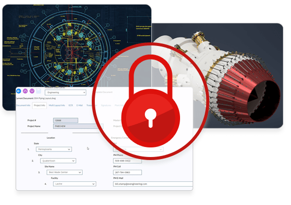 Security lock graphic overlapping engineering product data management software.