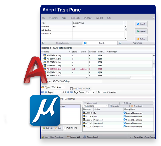 AutoCAD, SolidWorks, and MicroStation logos overlapping the Adept Task Pane