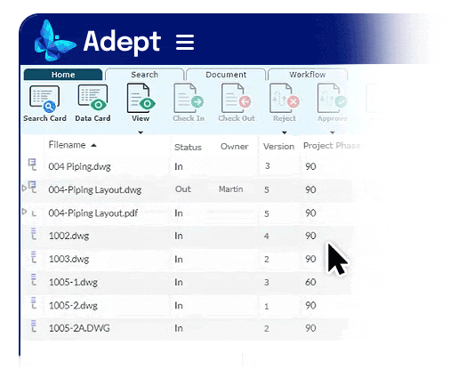 Version Control tab of the Adept software document dashboard
